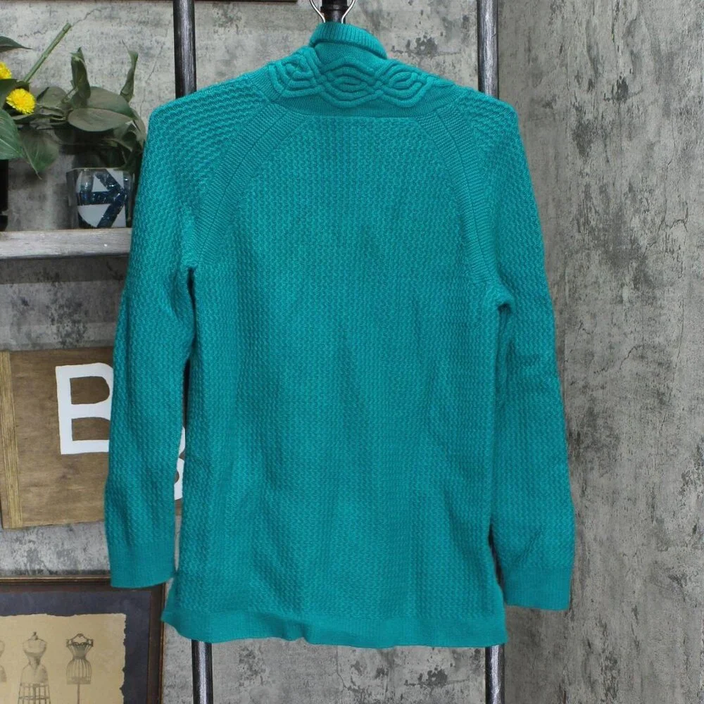 Talbots Womens Tie High Neck Lawbswool Textured Knit Sweater Green PM - Picture 2 of 5